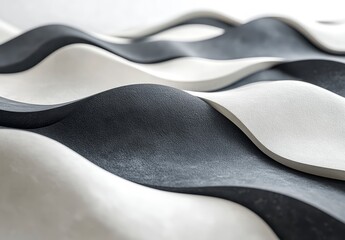 Abstract black and white textured wavy forms, modern design, studio shot, smooth surface, subtle details, 3d rendering, monochrome palette, graphic