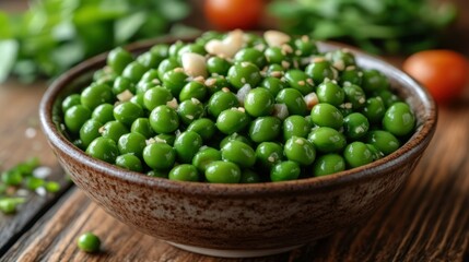 Garlicky peas bowl, kitchen table, healthy food