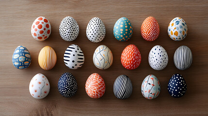 A Beautiful Selection of Hand-Decorated Easter Eggs with Intricate Designs on a Wooden Tabletop, Happy Easter