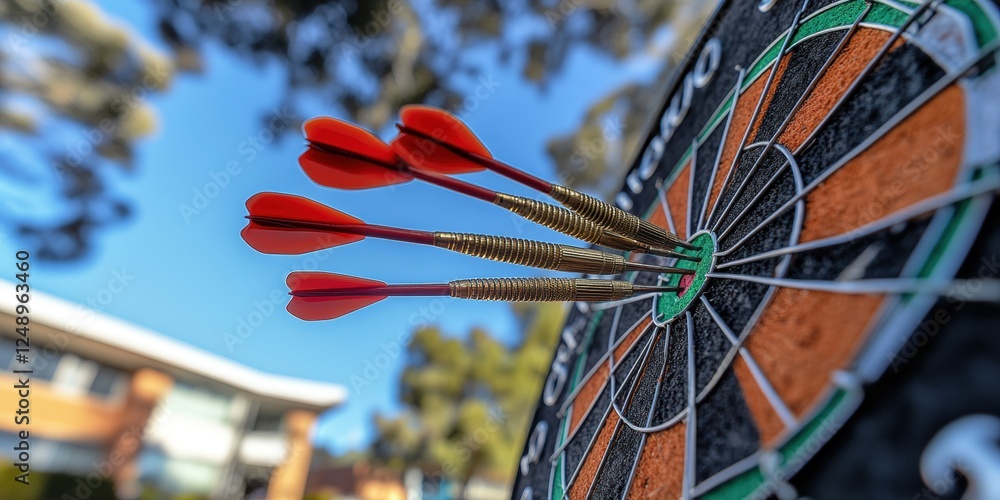 Poster close-up of three red darts in flight aiming towards a dartboard on a bright day with green trees in