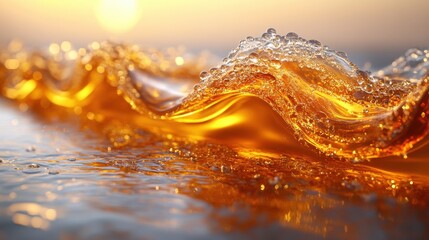 Golden sunset wave, ocean surface, close-up, background bokeh, liquid texture