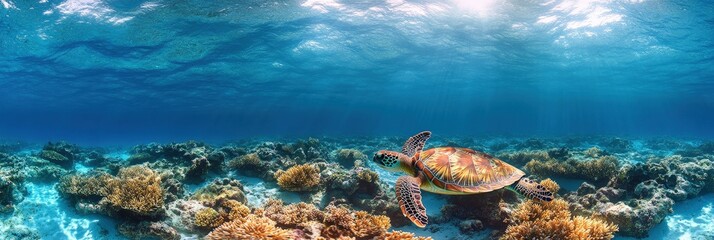 Fototapeta premium A sea turtle swimming near a coral reef in clear blue ocean water