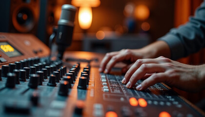 Man operating radio console in a broadcasting control room