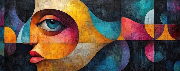 Abstract Portrait with Vibrant Colors and Geometric Patterns Depicting a Stylized Human Face in a Surrealist Art Style on Textured Canvas