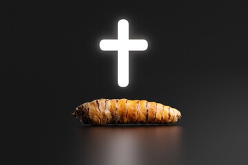 A symbolic image featuring a cross illuminated above a traditional food item, representing spirituality and sustenance.