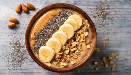Fototapeta premium Generated image A smoothie bowl topped with peanut butter, banana slices, granola, and a sprinkle of chia