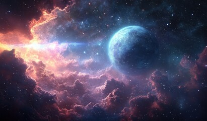 Surreal Cosmic Landscape of a Giant Planet and Moon in a Vibrant Nebula