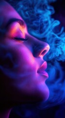 Woman's face, neon light, smoke, profile, studio