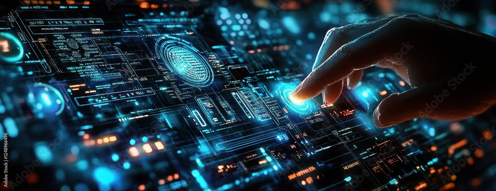 Poster futuristic digital interface with glowing holographic elements in cyberpunk style