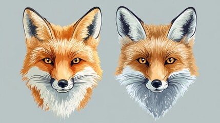 Fototapeta premium Two red fox portraits, wildlife illustration, nature background, design element