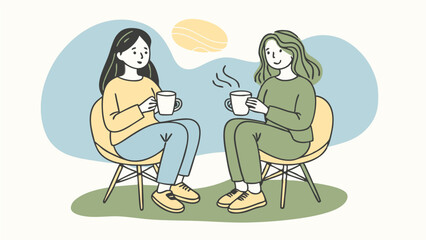 Two Women Drinking Tea – Minimalist Flat Illustration in Pastel Colors