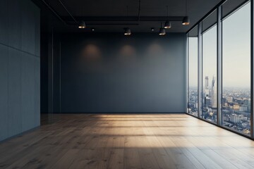 Empty modern office, city view, hardwood floor, sunlight