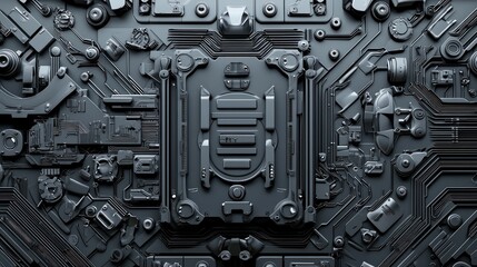 Fototapeta premium A detailed close-up of a dark, intricate circuit board design featuring various electronic components and connections.