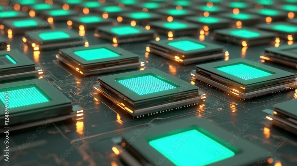 Aufkleber a close-up view of a circuit board featuring numerous microchips with glowing green lights, emphasiz