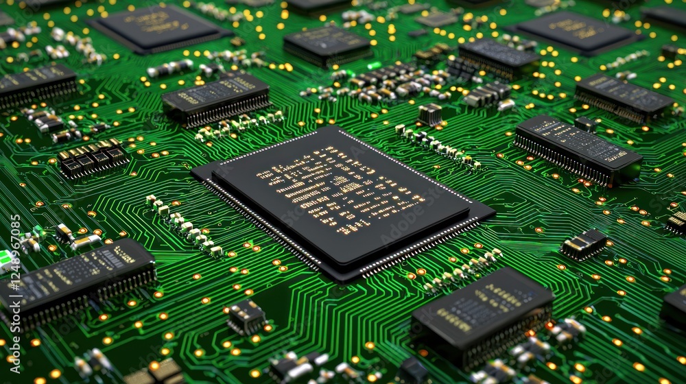 Aufkleber a close-up view of a circuit board featuring multiple microchips and intricate green pathways, illus