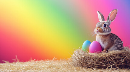 Cute easter rabbit in a basket with painted eggs
