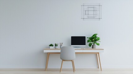 Manifest and creation concept, A modern workspace featuring a clean desk, computer, and potted plants, set against a minimalist wall for a tranquil atmosphere.