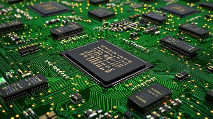 A close-up view of a circuit board featuring multiple microchips and intricate green pathways, illustrating advanced technology and electronic design.