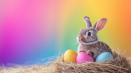 Cute easter rabbit in a basket with painted eggs