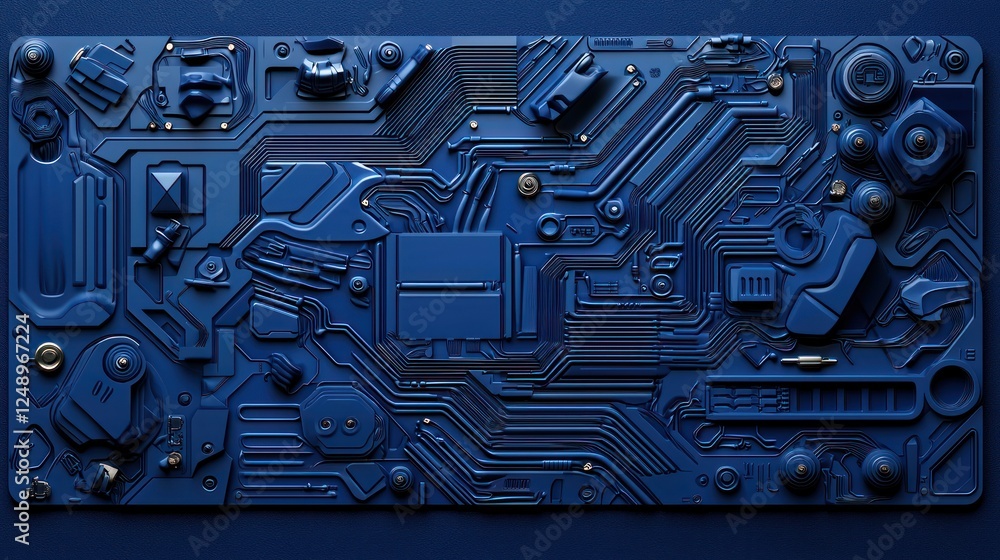 Poster a close-up view of a dark blue circuit board, showcasing intricate pathways and components, emphasiz