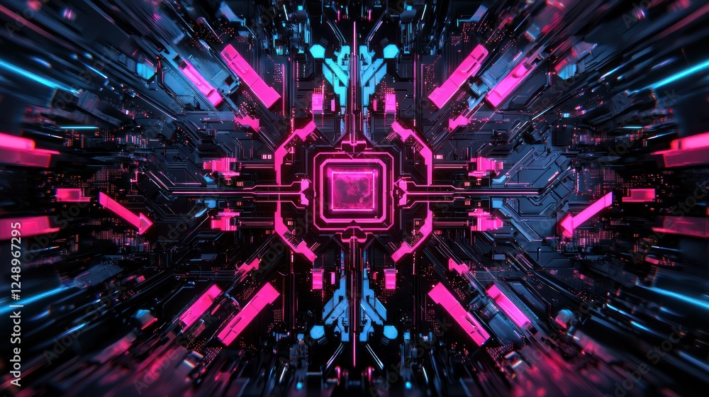 Poster a vibrant digital design featuring a central processor surrounded by glowing circuitry in pink and b