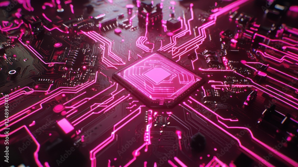 Poster a close-up view of a circuit board with vibrant pink lines and a central chip, showcasing technologi