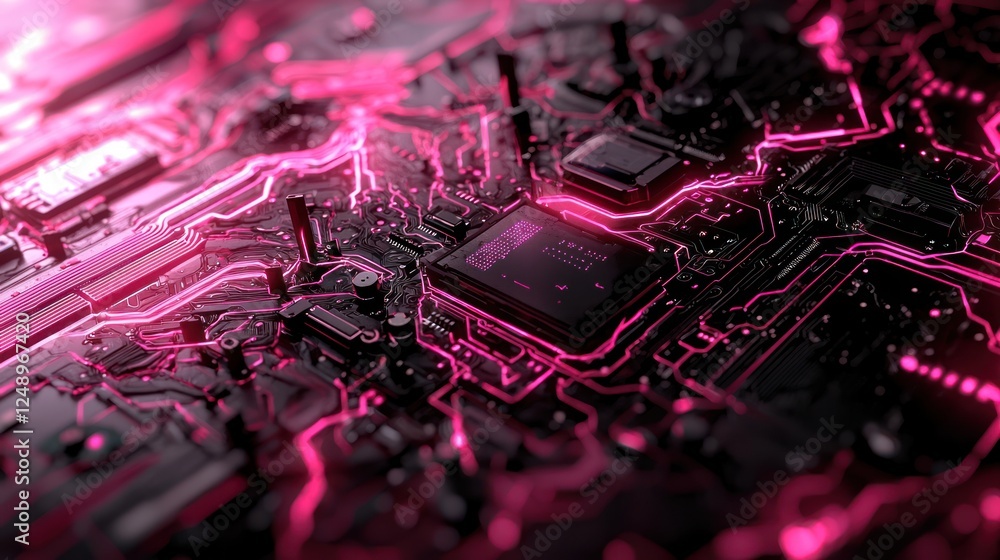Aufkleber a close-up view of a circuit board featuring intricate patterns illuminated by vibrant pink lighting