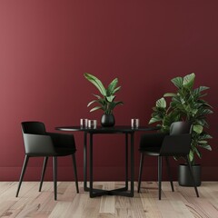 Minimalist dining room with two black chairs and a round table against a red wall. featuring two house plants