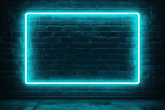 Glowing cyan neon rectangle on brick wall background