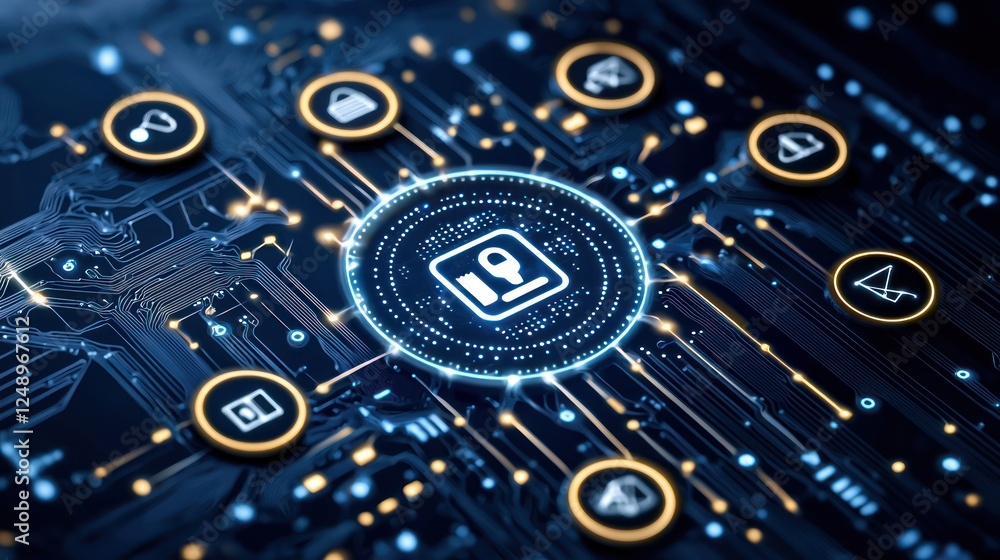 Poster a digital network illustration featuring a central security icon with surrounding elements represent