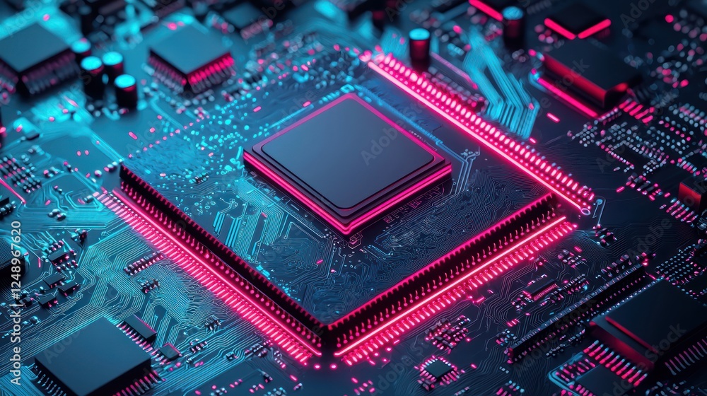 Poster a vibrant close-up of a microchip surrounded by glowing circuits, showcasing advanced technology wit