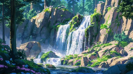 A crystal-clear waterfall gently flowing over moss-covered rocks, surrounded by towering mountain cliffs. --chaos 20 --ar 16:9 --quality 2 --v 6.1 Job ID: ba2acfbe-8186-444e-831e-c1279615410b