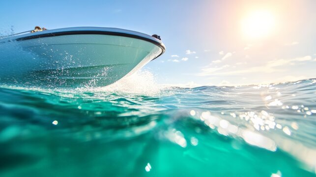 Bow of a white motorboat sailing fast on a crystal clear turquoise water with sun backlight and blue sky, creating a refreshing summer seascape - Powered by Adobe