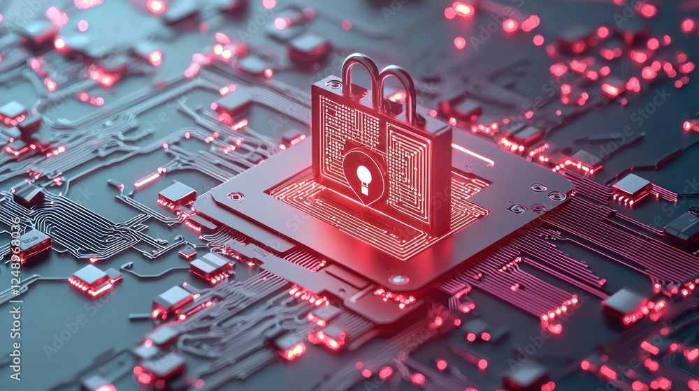 Poster a digital lock sits atop a circuit board, illuminated in red, symbolizing cybersecurity and data pro