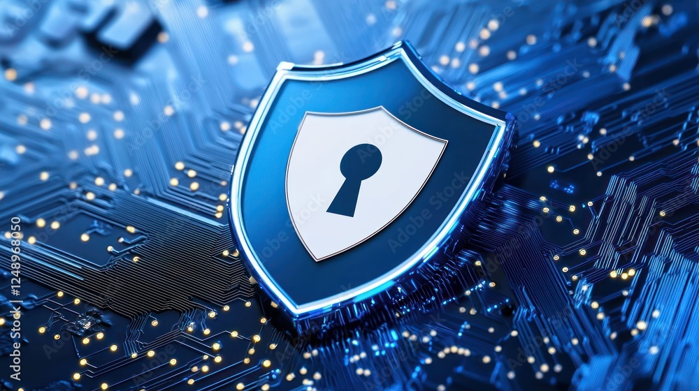 Poster a digital shield with a keyhole symbolizes cybersecurity, featuring a blue color scheme and a circui