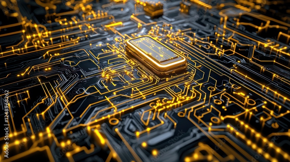 Aufkleber a close-up view of a circuit board featuring intricate gold lines and a prominent chip, highlighting