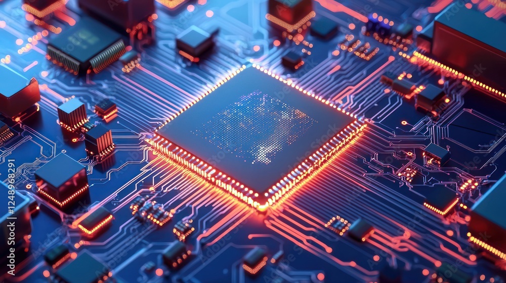 Poster a close-up view of a microchip on a circuit board, illuminated with vibrant colors, showcasing intri