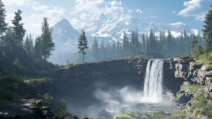Fototapeta premium A hidden waterfall in a dense forest, with mountain peaks rising in the background under a soft morning mist. --chaos 20 --ar 16:9 --quality 2 --v 6.1 Job ID: fe81cb58-822d-469f-90e4-b8e99c3da5cf