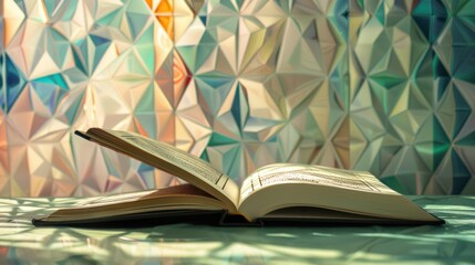 A bright open Quran with geometric lines and patterns on the page, set against an abstract geometric background in soft, muted tones, radiating serenity.