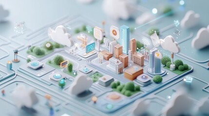 A vibrant, 3D cityscape model featuring buildings, greenery, and digital elements, set against a light blue background with clouds.