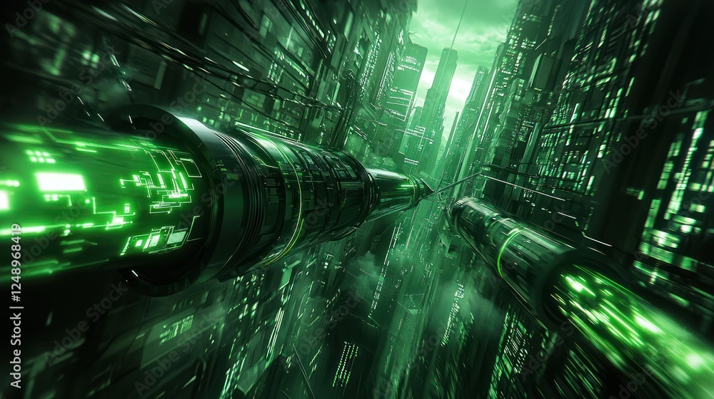 Aufkleber a futuristic digital landscape with green neon lights, depicting a high-tech environment filled with