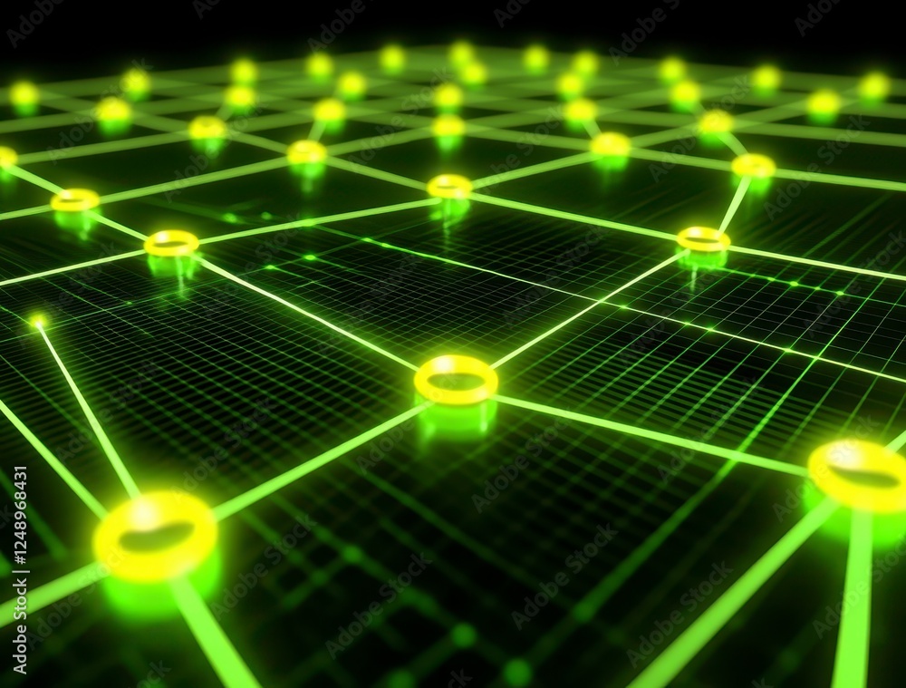 Poster abstract network graphic with glowing lime green circles and lines on a dark background. detailed gr