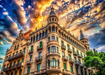 Fototapeta premium Barcelona Passeig de Gracia Architecture, Cloudy Sky, Worm's Eye View Stock Photo