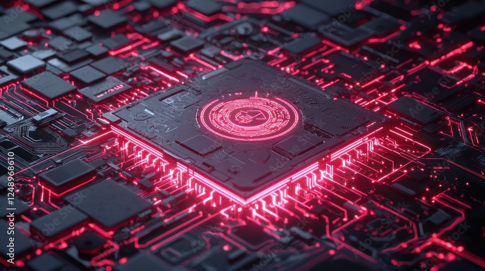 Poster a glowing microchip surrounded by intricate circuitry, illuminated in vibrant red, showcasing modern