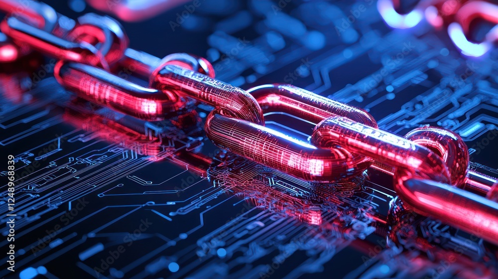 Poster a close-up view of a glowing red chain on a dark, digital background, symbolizing security and techn