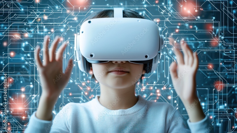 Poster a child wearing a vr headset interacts with a digital interface, surrounded by a futuristic backdrop