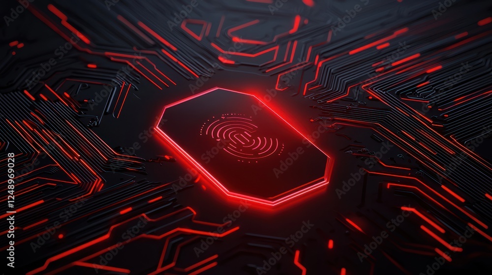 Poster a close-up of a glowing red microchip surrounded by intricate circuitry, highlighting technology and
