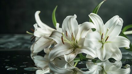Obraz premium A bouquet of white lilies resting on a reflective glass surface
