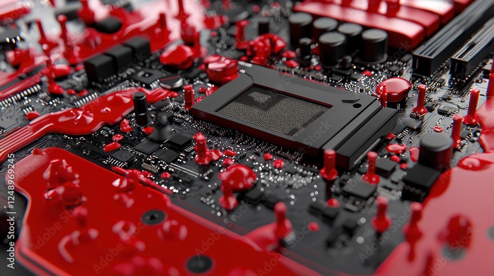 Poster a close-up view of a red and black circuit board featuring intricate components and glossy details, 