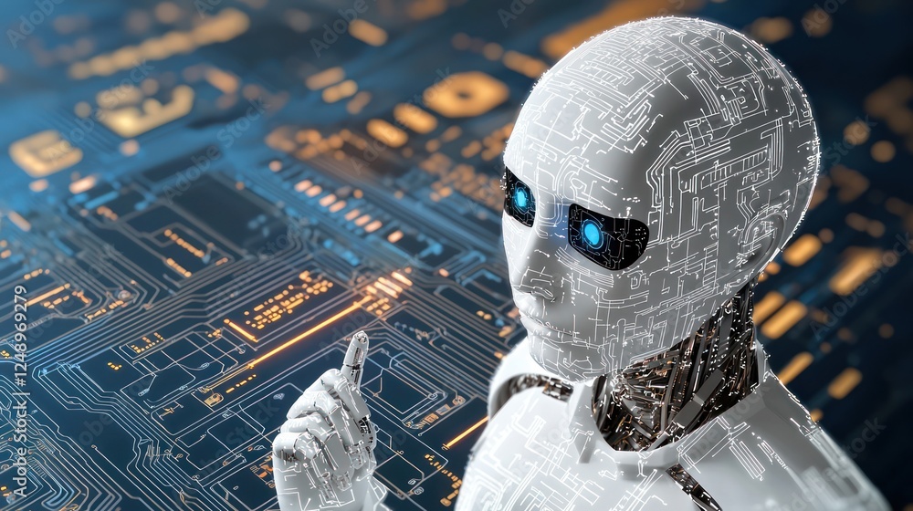 Aufkleber a futuristic humanoid robot with a digital design stands against a high-tech circuit background, sug